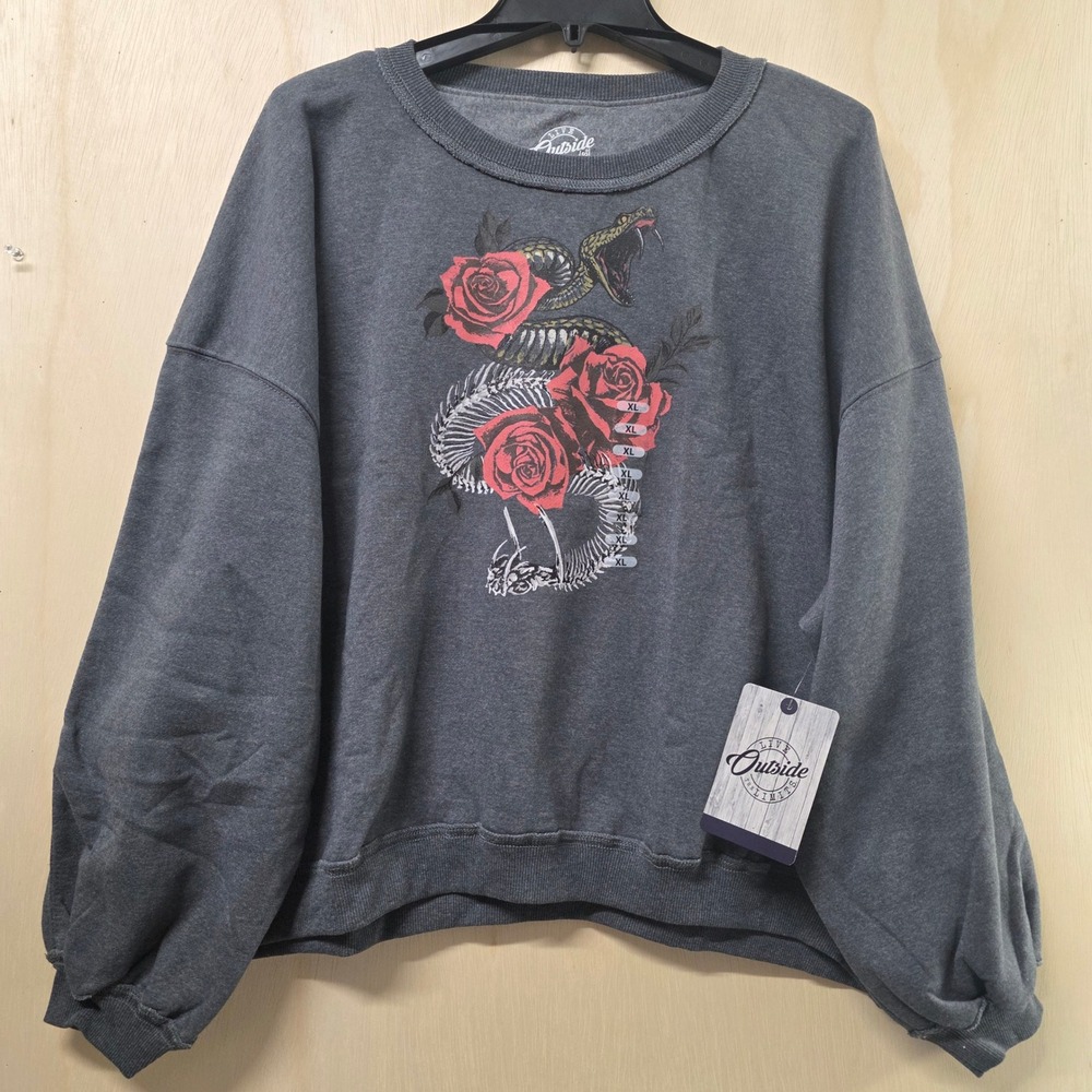 Live Outside The Limits Snake Rose Graphic Sweatshirt Gray XL Balloon Sleeve NEW - Picture 2 of 10